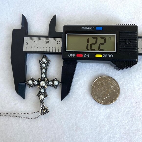 Oxidized Sterling Silver 925 Pearl Marcasite Cross Pendant Necklace 19.5" Chain - Picture 15 of 16